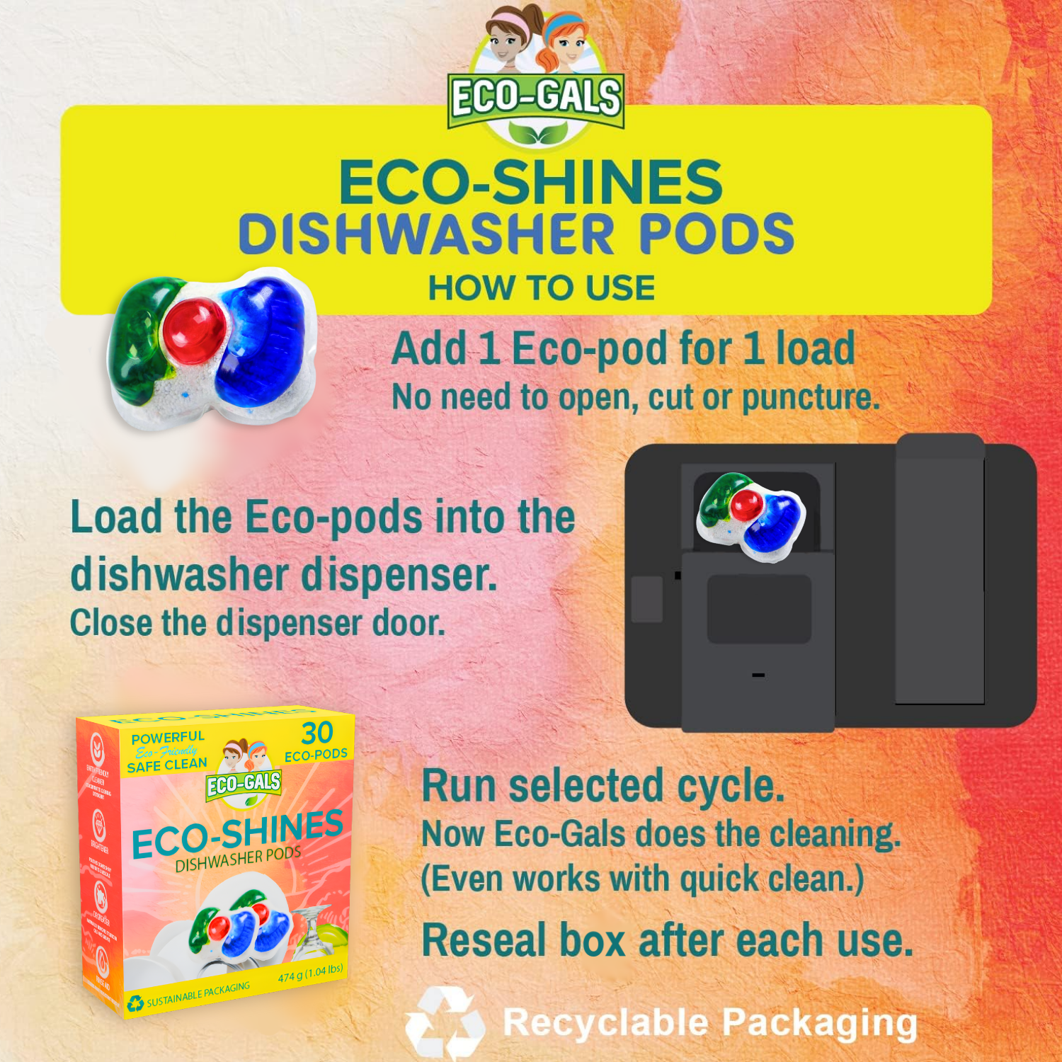 Eco-Gals Eco-Shines Dishwasher Detergent Pods With 3 in 1 Power of Liquid, Powder, and Gel for Brighter Cleaner Dishes