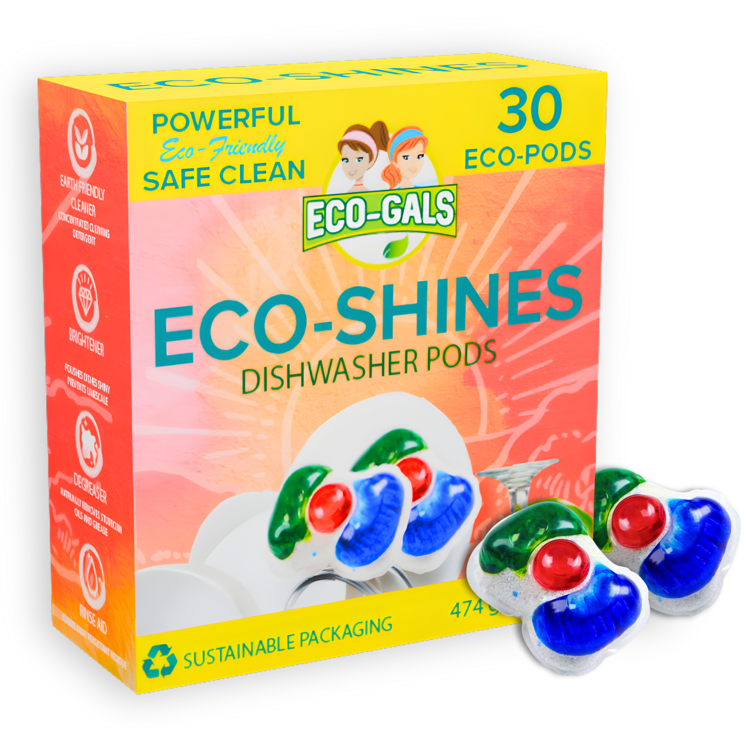 Eco-Gals Eco-Shines Dishwasher Detergent Pods With 3 in 1 Power of Liquid, Powder, and Gel for Brighter Cleaner Dishes