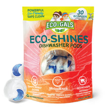 Load image into Gallery viewer, Eco-Gals Eco-Shines Dishwasher Detergent Pods With 3 in 1 Power of Liquid, Powder, and Gel for Brighter Cleaner Dishes